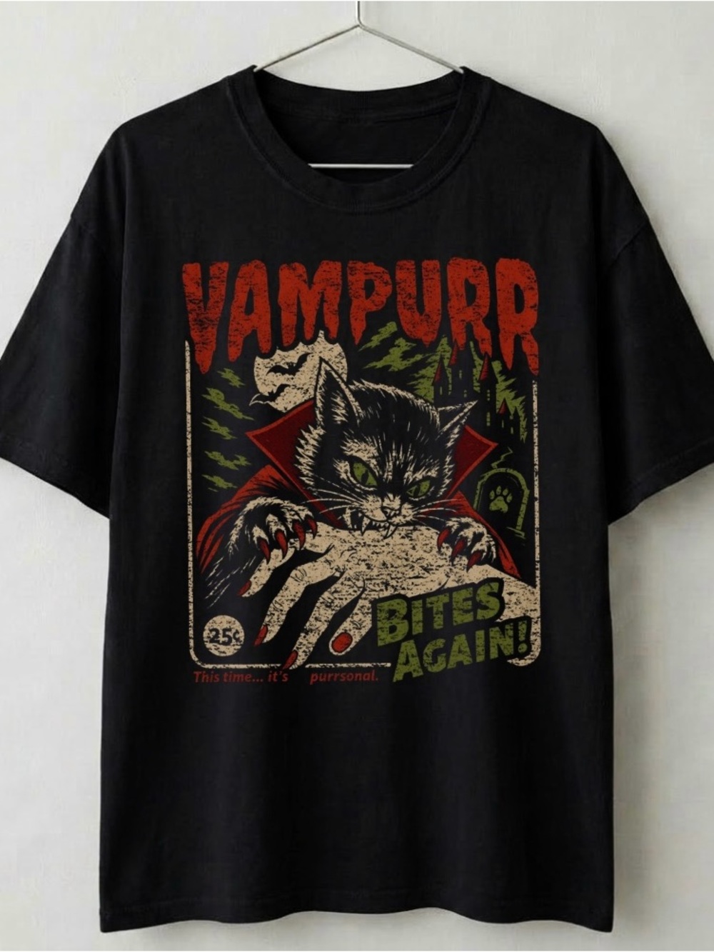 Vampire Bites Again Black Cat Graphic Tee Funny Spooky Cat Halloween Shirt